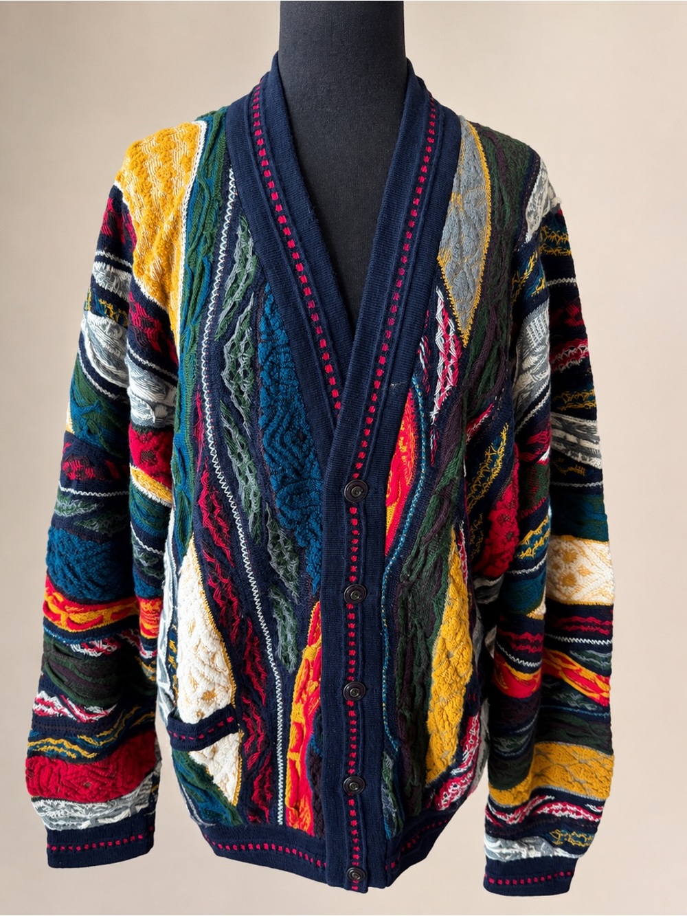 COOGI Multicolor Textured Shawl Collar Cardigan with Navy Trim - Rare, Vintage